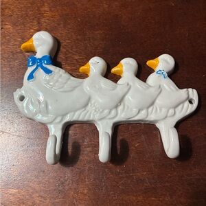 Vintage Ceramic White and Blue Mother Goose & Ducklings Wall Hooks 1986